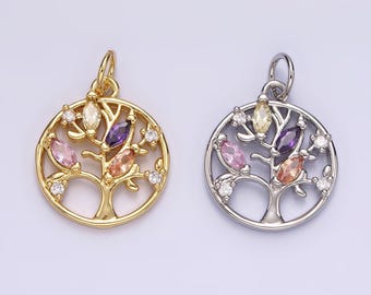 14k gold filled multicolor marquise cz leaf tree open round charm in gold & silver | n1500 n1501