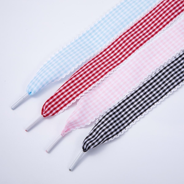 Cordones de cinta de cuadros vichy festoneados, cordones personalizados para zapatillas femeninas, accesorio de moda para su estilo coqueto de chica de campo / WB-00296