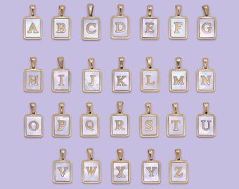 Mother of pearl letter charm gold tag alphabet charm, shell letter pendant personalized letters initial charm stainless steel tarnish free