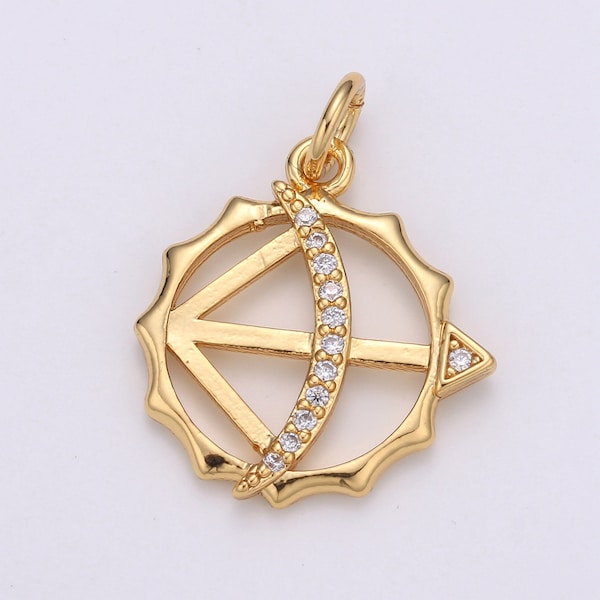 24k Gold Sundials Charm, Micro Pave Arrow Charm, Sun Compass CZ Gold Charm, Dainty Crecent Moon Minimalist Jewelry Supply, CHGF-1935