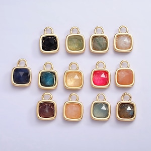 16K Gold Filled Square Multifaceted Natural Gemstone Personalized Tag Add-On Charm Birthstone Charm Earring Bracelet Supply | AC1466