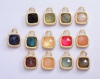 16K Gold Filled Square Multifaceted Natural Gemstone Personalized Tag Add-On Charm Birthstone Charm Earring Bracelet Supply | AC1466