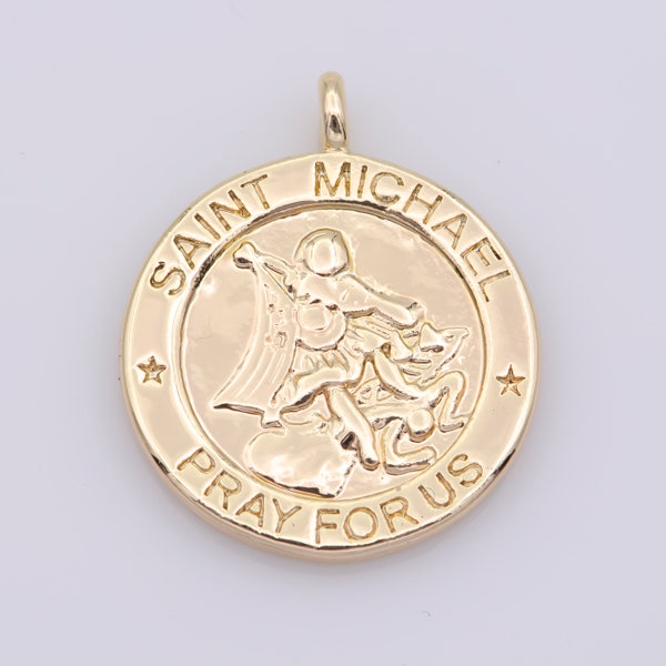 Dainty Gold Coin Saint Michael Charm Pray For Us Medallion for Bracelet Necklace Pendant Earring Findings for Jewelry Making | M481