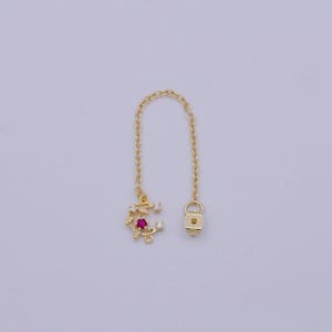 Back stopper w/ chain pink crescent moon charm 2 pcs gold filled nickel free, butterfly clutch chain dainty earring back k-187