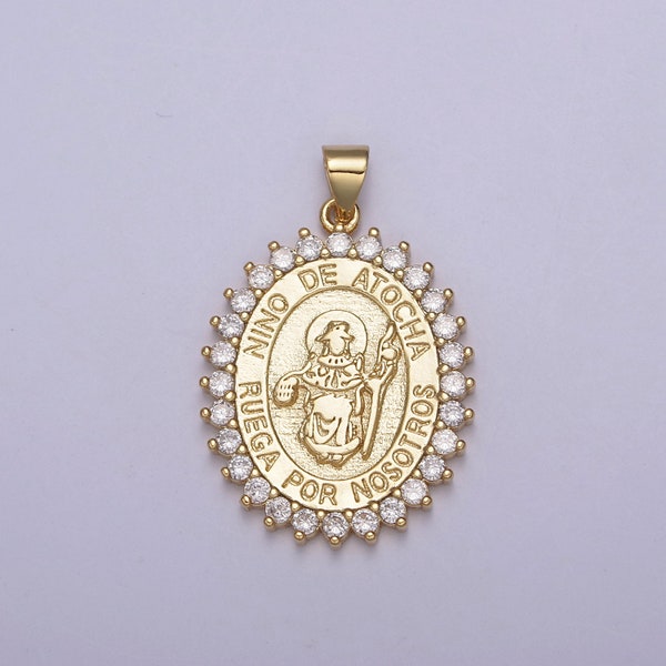 Micro Pave Nino De Atocha Religious Medal Oval Religious Medallion Pendant Santo Jewelry, H-894