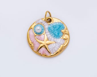 Dainty PVD Gold Plated Ocean Pendant with Starfish & Seashells – Enamel Beach Jewelry with Pearl Accent, Coastal Charm Necklace AH-927