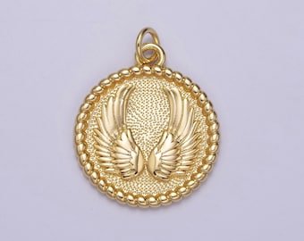Mini Angel Wing Charm Round Gold Filled Disc Charm E-713
