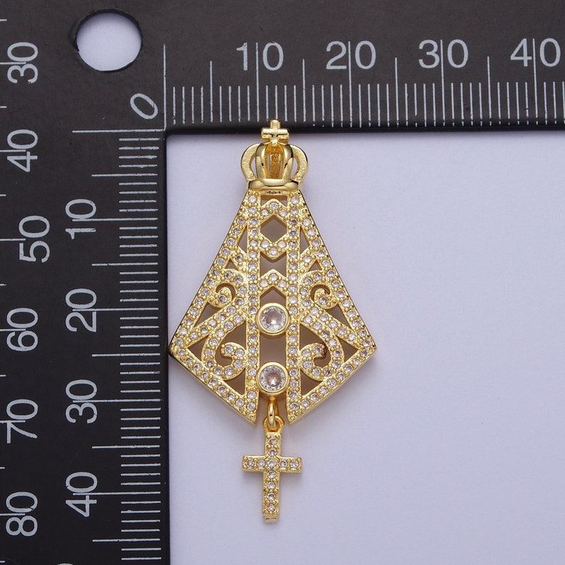 Gold CZ Religious Pope Choir Dress & Crown Pendant, 24K Gold Plated Clear Micro Paved Cz Papal Regalia and Insignia Cross Charm H-659 image 3