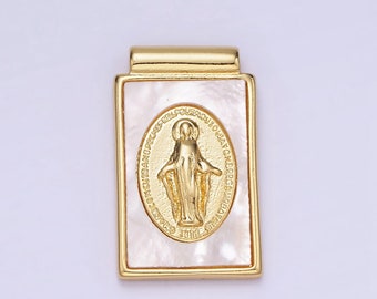 Dainty 14K Gold Filled Miraculous Lady Charm Dangle Virgin Mary Tag Rectangle Pearl Pendant | AH-158