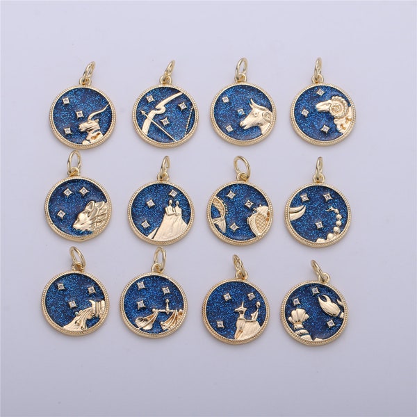 Gold Blue Sparkle Enamel Zodiac Charms Constellation Necklace Pendant for Zodiac Necklace Celestial Jewelry Making Supply, ZODIAC- 11