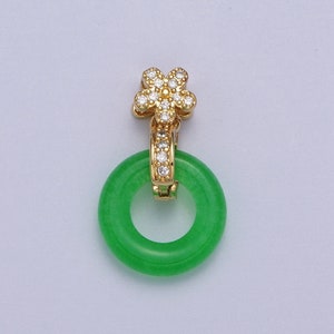 Green Donut Jade Charm Micro Paved CZ Gold Flower Pendant | AA010