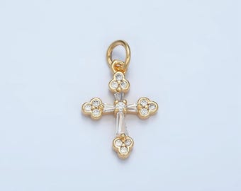 Mini Baguette Cross Clear CZ Paved 24K Gold Filled Cross Charm | E-851