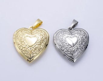 14k gold filled engraved heart floral flower locket pendant in gold & silver | h049