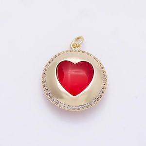 16K Gold Filled 24mm Red Heart Micro Paved CZ Round Pendant Glass Love Medallion Halo Coin Necklace Jewelry Making Supplies | Charms-01278