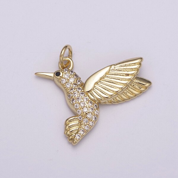 Micro Pave Gold Hummingbird Charm 24k Gold Filled Humming Bird Pendant 21.8mmx24.2 mm gold woodland jewelry For Necklace Earring N-235