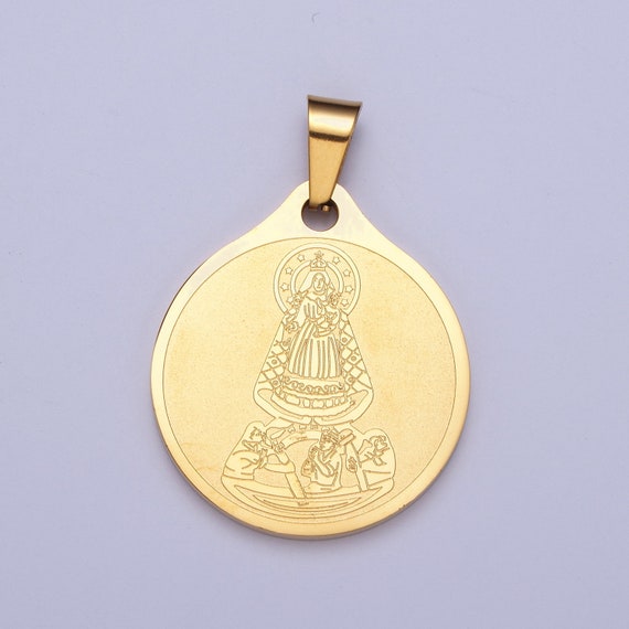 Virgin Mary Lady Guadalupe & Baby Jesus w. Spanish Religious Prayer Double-Sided 24K Gold Filled Stainless Steel Medallion Pendant | X-657