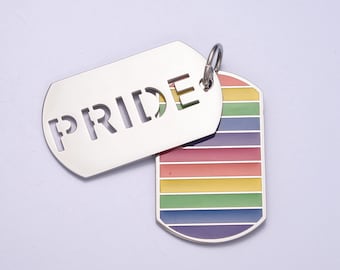 Stainless Steel Silver Pride Flag Colors "PRIDE" Lettering Army Military Tag Pendant | X-628