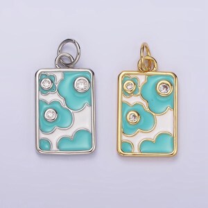 14k gold filled triple clear cz teal flower cloud enamel rectangular charm in gold & silver | n1547 n1548