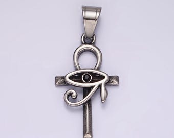 Silver ancient egyptian ankh cross with minimalist simple eye of ra pendant for necklace component | p-1178