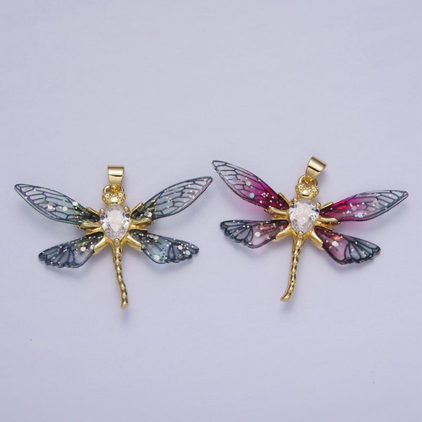 Gold CZ Blue & Fuchsia Fée Dragon fly Wings Pendentif, 24K Or Rempli Micro Pavé CZ Résine Belle Étincelle Insecte Ailes Charme