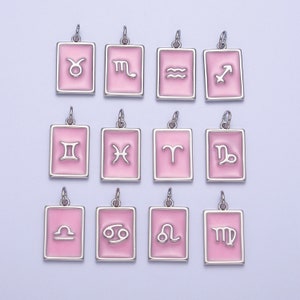 Silver Rectangular Baby Pink Enamel Zodiac Charms White Gold-Filled Astrological Zodiac Signs, Birthday, Horoscope Pendants | A1475-A1480