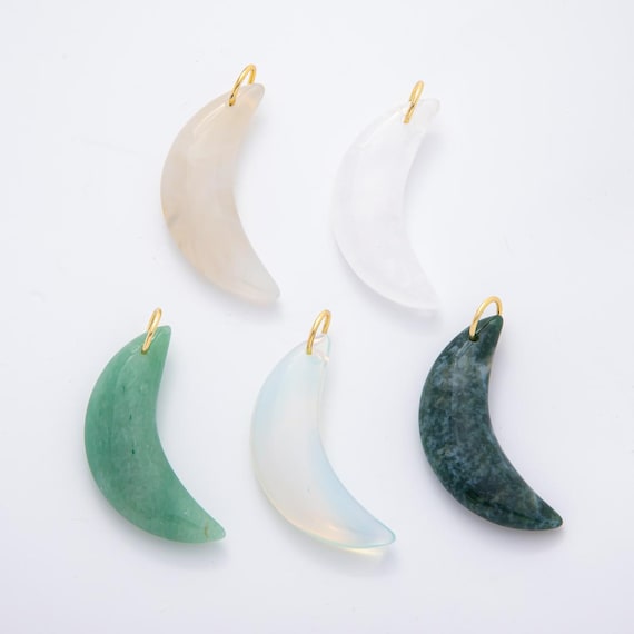 Crescent Moon Gemstone Pendant Natural Stone Celestial Charm for Jewelry Making Supply 18k Gold Filled Charm Cord Scarf Necklace N-412
