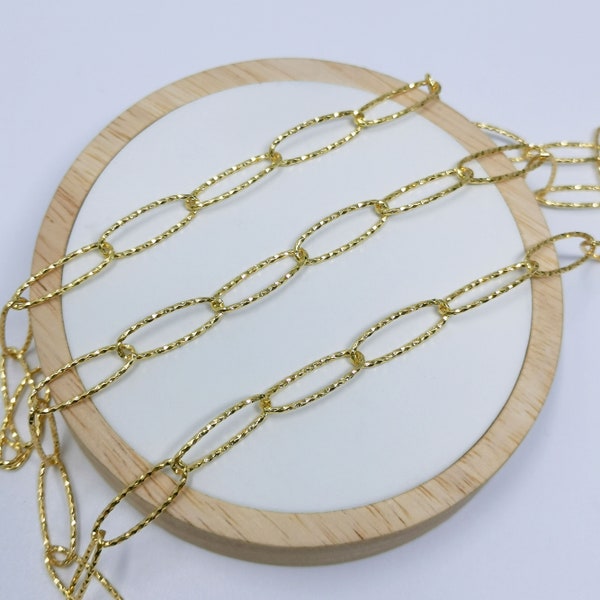 24K Gold  Pounded  Paperclip Chain by Yard,  Oval Link Chain by Foot, Wholesale bulk Roll Chain for Jewelry Making, 397