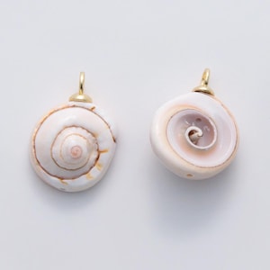 Pode incluir: Dois pingentes de concha em forma de espiral com argolas de metal dourado. As conchas são principalmente brancas com padrões em espiral marrom e rosa-bege. Os pingentes estão sobre um fundo branco.