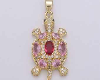 Red tortoise gold micro pave charm, cubic zirconia turtle pendant charm, dainty charm for diy jewelry, 24k gold filled, fpdgf-2093