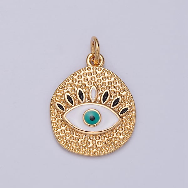 Round Gold Medallion Pendant with Enamel Evil Eye, Textured Protection Charm For DIY Jewelry Necklace Making, E-779