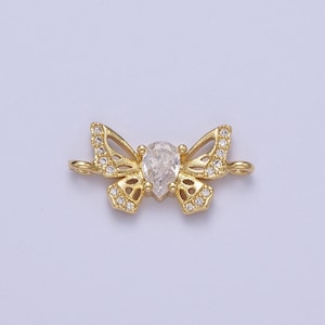Dainty Gold Marquise CZ Butterfly Charm Connector, 24K Gold Plated Micro Paved Clear CZ Mariposa Butterflies Charm Connector | F-315