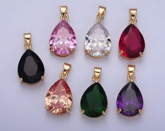 Colgante con dije de circonita cúbica redonda en forma de lágrima, chapado en oro de 24k, para la fabricación de collares y joyas.