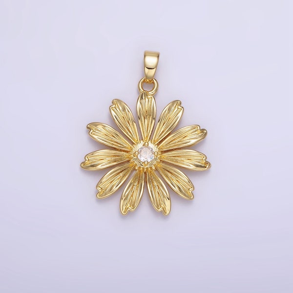 14K Gold Filled 30mm Clear CZ Lined Sunflower Nature Pendant | AH-146