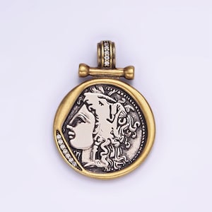 Double sided ancient greek large medusa medallion necklace pendant gold coin charm diy goddess coin pendant, aa605