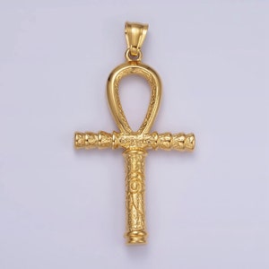 Gold Stainless Steel 64mm Eye of Ra Engraved Egyptian Ankh Cross Pendant | P1066