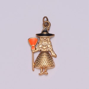 Gold Witch Charm Enamel Old Hag Witch With Broom for Halloween Pendant Jewelry Inspired