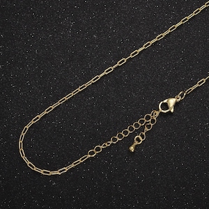 May include: A gold chain necklace with a lobster clasp closure. The chain is made of small, linked oval shapes.