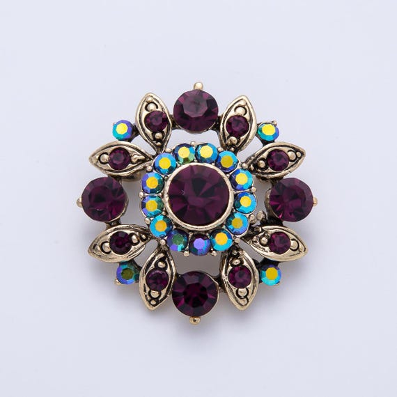 Vintage Gold 33.2mm Purple Rhinestone Geometric Pin Brooch Amethyst Aurora Statement Jewelry Gift for Her | BH-077