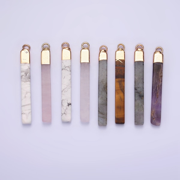 14K Gold Filled Tiger Eye, Howlite, Rose Quartz, Amethyst, Labradorite Foiled Rectangular Bar Tag Charm | N1700 - N1704