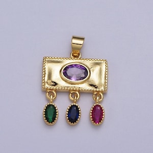 May include: Gold pendant with a purple oval gemstone in a rectangular frame and three dangling oval gemstones: green, blue, and red.