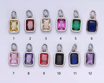 Silver square multifaceted cubic zirconia stone personalized tag add-on charm birthstone charm earring bracelet supply | w749