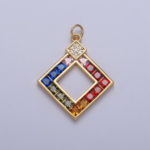 May include: A gold pendant with a square frame set with colorful gemstones. The frame is decorated with a row of clear gemstones at the top.