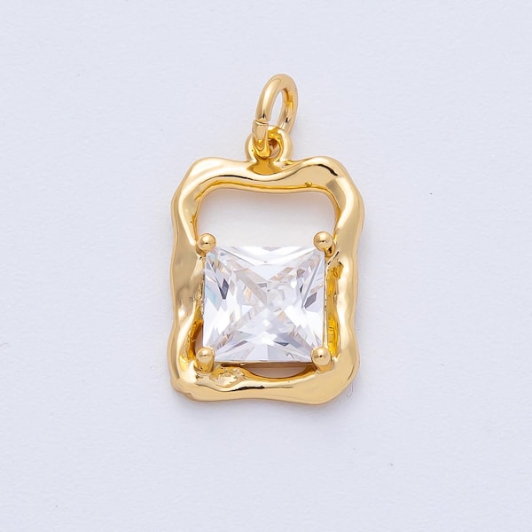 18K Gold Filled 17.1mm Clear Baguette CZ Open Molten Rectangular Charm Modern Geometric Charm Supply for custom necklace | AK190