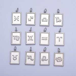 Silver small rectangular zodiac charms white gold-filled astrological zodiac signs, zodiac symbols, birthday, horoscope charm a1433-a1438