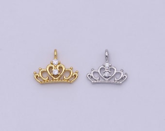 Dainty gold/silver tiara charm, micro cz pave princess crown pendant, diy fashion jewelry making supply for necklace, bracelet | n-449 n-450