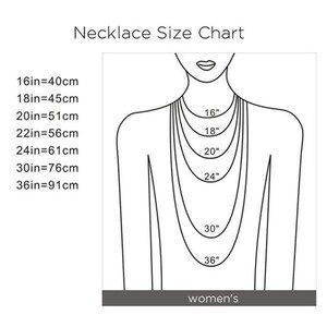 May include: A necklace size chart with a diagram of a person's upper body, illustrating necklace lengths from 16 inches (40cm) to 36 inches (91cm). The chart includes measurements in both inches and centimeters, with the word "women's" at the bottom.