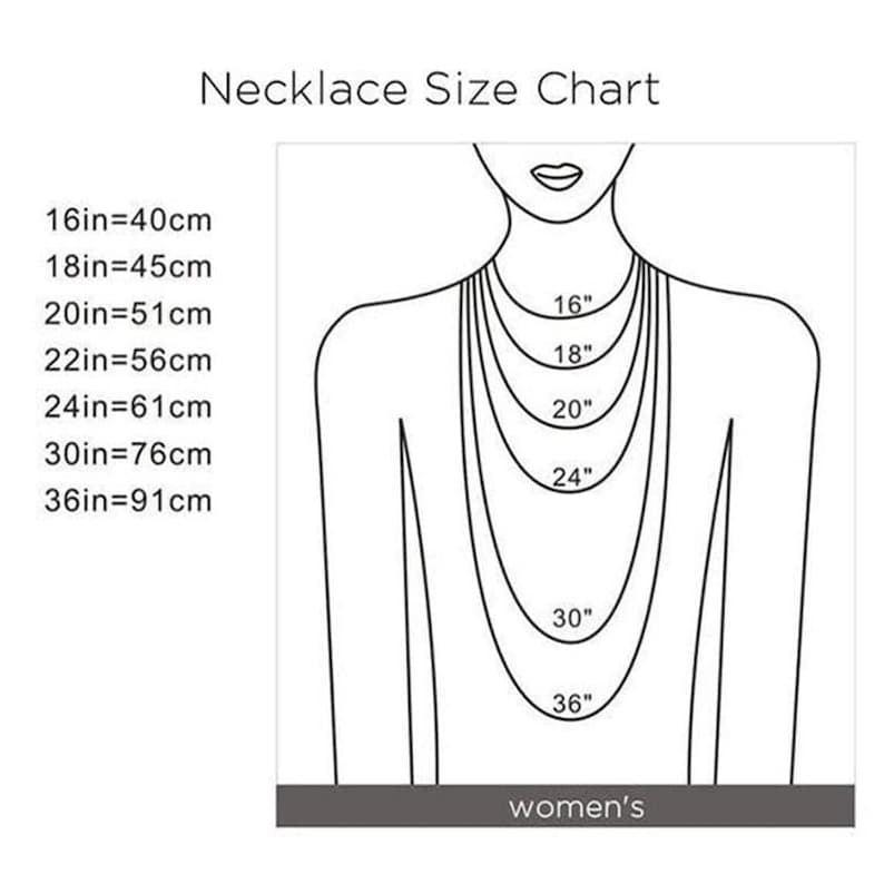 May include: A necklace size chart with a diagram of a person's upper body, illustrating necklace lengths from 16 inches (40cm) to 36 inches (91cm). The chart includes measurements in both inches and centimeters, with the word "women's" at the bottom.