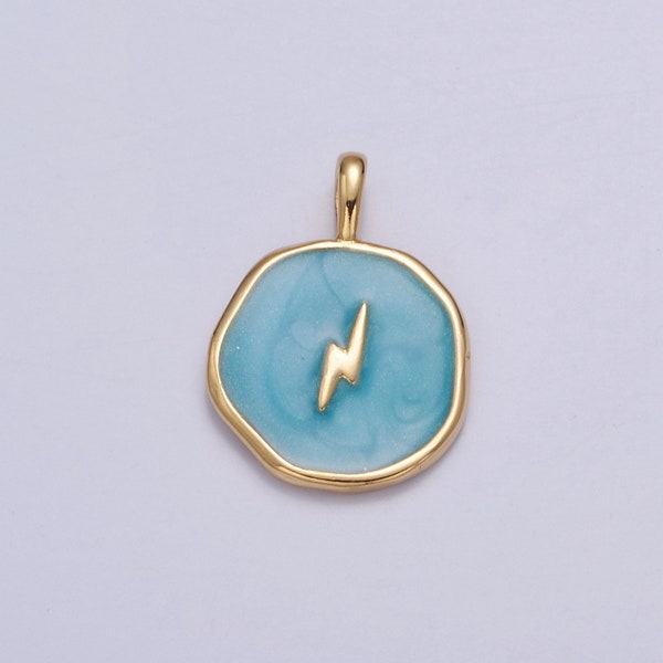 Blue-ish Teal Enamel Lightning Bolt Medallion Charm, 14K Gold Filled Enamel Bolt Charm for Necklace Bracelet Jewelry Making Supply | I-080