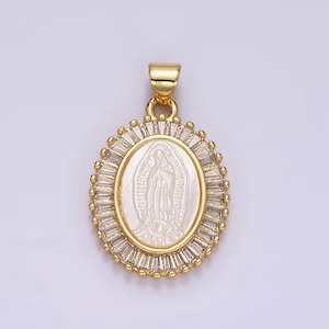 14K Gold Filled Lady Guadalupe Shell Pearl Baguette Outlined Oval Religious Pendant | N1912