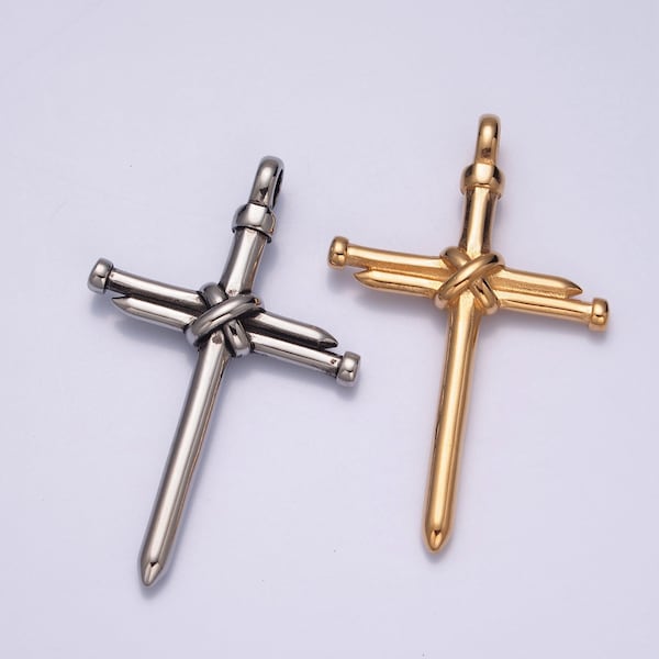 Stainless Steel Gold, Silver Minimalist Center Tied Nails Cross Pendant, for DIY Religious Jewelry European Charms Bracelet | X-641, X-642